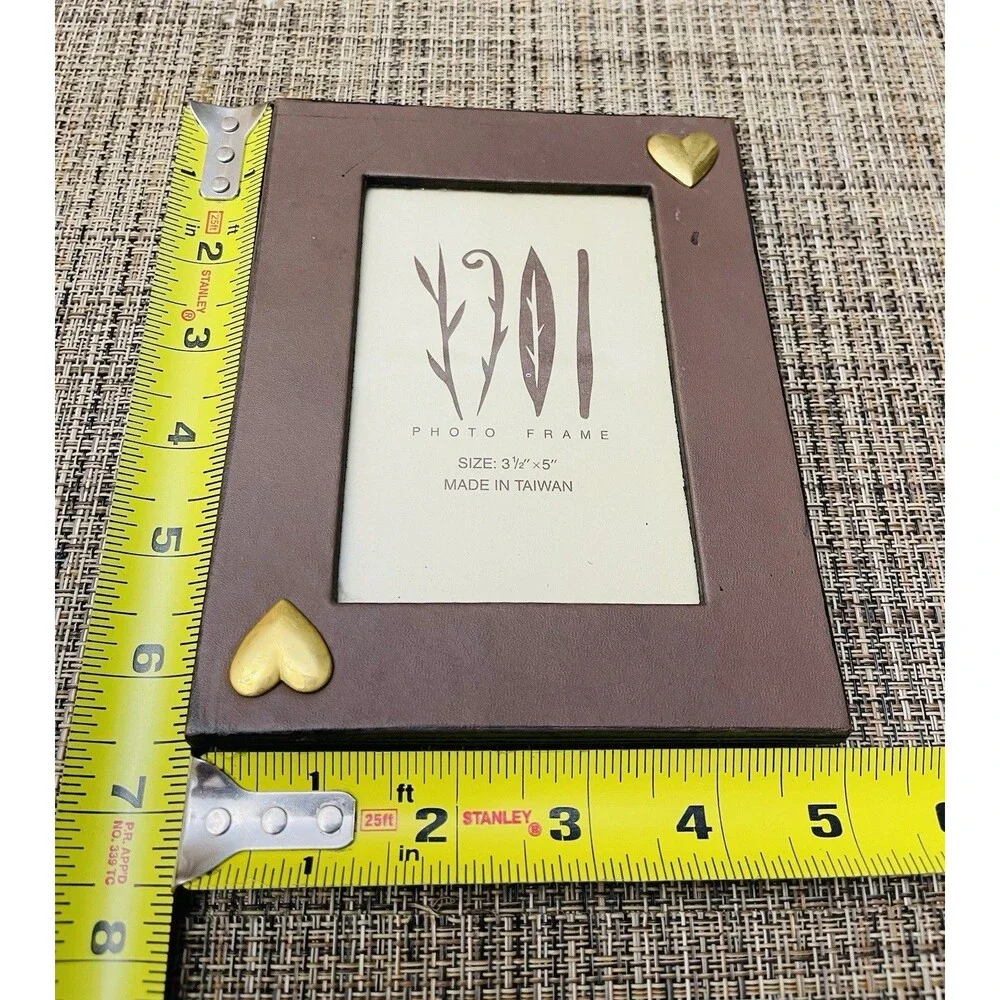Vintage Brown Wood-Look Frame W Appliqué Metal Hearts 6.5